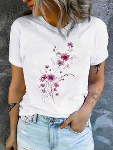 Camiseta Deportiva Casual para Mujer con Desgastado - Camiseta Elástica de Cuello Redondo, Lavable aáquina, Ajuste Cómodo para Todas las Estaciones, Combinada con Pantalones Cortos de Mezclilla con Bordado Floral. - Blanco - Ver 1