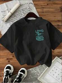 | Exquisite Design | Loose And Comfortable | Easy To Match | [Double-Sided Print] Women's Casual Spring And Summer T-Shirt, Vintage Style, Mermaid Tail Cut, Printed With The Words LAND MERMAID, Round Neck, Pure Cotton, Short Sleeve [Ling - 黑色 - 查看 2