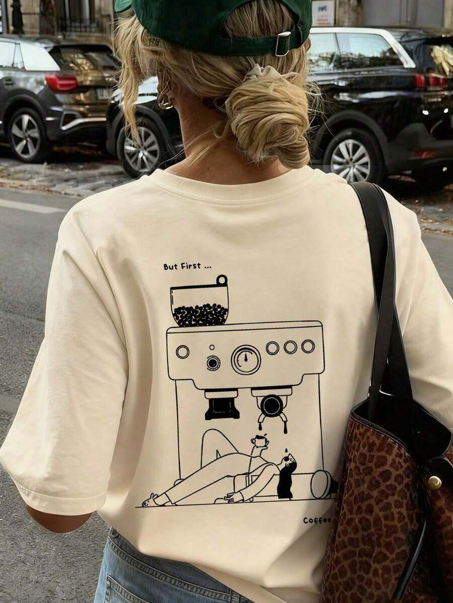 Camiseta de manga corta con cuello redondo y estampado de boceto de máquina de café minimalista de verano, blusa de moda casual y versátil para mujeres Ropa deportiva estilo Y2K, cuello redondo, 100% algodón, tejido suave, manga corta. - Albaricoque - Ver 1