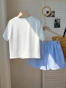 Conjunto casual de 2 piezas de mujer con camiseta de manga corta con cuello redondo y estampado de estrellas de mar, y shorts a rayas en azul marino - Azul y blanco 2 - Ver 2