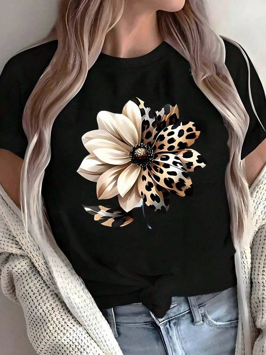 Versatile.1pac.100%Cotton.2026 New Arrival Spring Casual Travel Exclusive Pattern Short Sleeve Round Neck T-Shirt White Summer Style.Moda Corte - Black - View 1