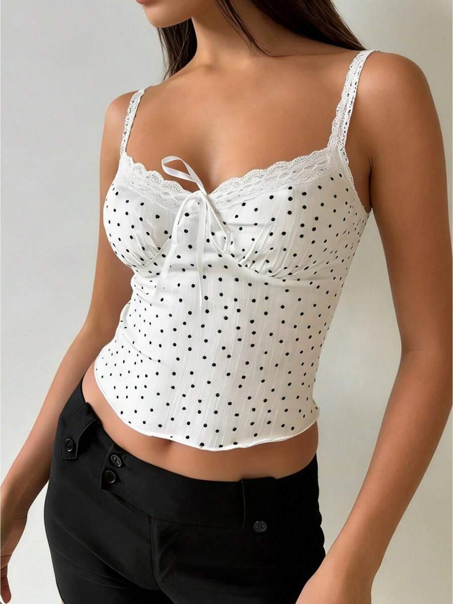 Spaghetti Strap Dot Print Crop Camisole - Lace Trim Fitted Summer Top For Party Daily - White - View 1