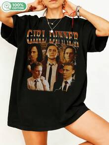 Girl Dinner Tom Hiddleston Funny Meme Vintage Bootleg Graphic 100% Cotton Oversized T-Shirt Y2K Streetwear Aesthetic Unisex T-Shirt For Men And Women - Fans Casual Pop Culture Top. - Black - View 1