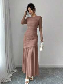 Vestido largo de manga larga con cuello redondo y malla para mujer, vestido casual de otoño.Adecuado para ropa de otoño, atuendo de regreso a clases, atuendo de maestro - Rosa vieja - Ver 7