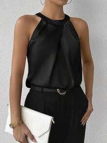 Privé Blusa de satén con cuello halter plisado de color champán, parte superior sin mangas, para uso diario en la oficina, elegante y sencilla, para mujeres, graduación, maestras, vuelta al colegio - Negro - Ver 4