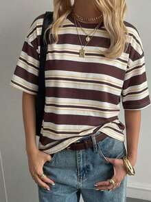 Blusa básica de manga corta, cuello redondo, corte holgado, para mujer, otoño/invierno - Marrón - Ver 4