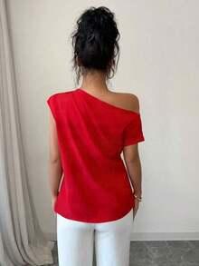 Blusa casual suelta de color liso con pliegues en el hombro oblicuo para mujer - Rojo - Ver 2