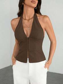Tall Blazer casual de unicolor con cuello en V para mujer, top de traje tejido - Conjunto de otoño vintage seductor de oficina para maestras - Marrón - Ver 8