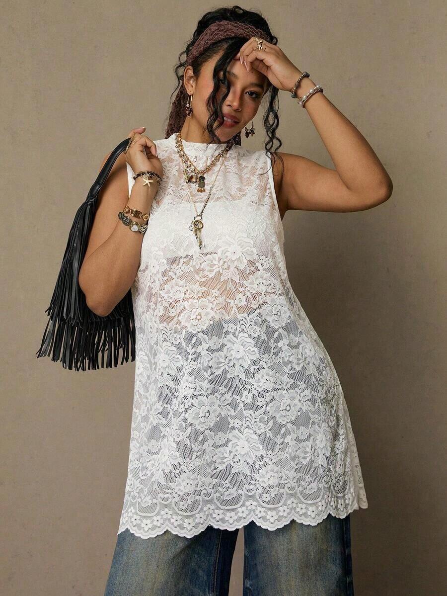 Freevana Blusa sin mangas con estampado floral vintage bohemio y encaje, talla grande, nueva llegada de primavera, adecuada para el Día de San Valentín, festivales de música - Blanco - Ver 1