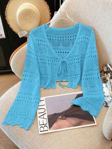 Top de punto nuevo de color sólido, cárdigan de encaje de ganchillo hueco, suéter de punto ligero y versátil para mujer. - Agua verde azul - Ver 3