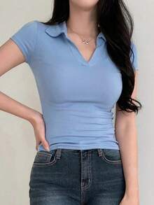 Playera de polo de mujer de verano casual de unicolor y ajuste estrecho - Azul - Ver 4