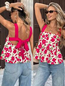 PariChic Parte superior sin tirantes con estampado floral rojo para damas, primavera y verano, con diseño de espalda abierta con lazo, hecha de tela con fondo blanco y estampado floral, con tirantes anchos rojos y diseño de falda con cintura fruncida, estilo fresco adecuado para citas de primavera y verano, escenas de vestimenta casual.Las características del producto incluyen: Parte superior sin tirantes con estampado floral para damas, parte superior corta con decoración de cinturón rojo, parte superior con falda fruncida en la cintura, parte superior fresca de primavera y verano, parte superior versátil casual. - Rosa Fucsia - Ver 1