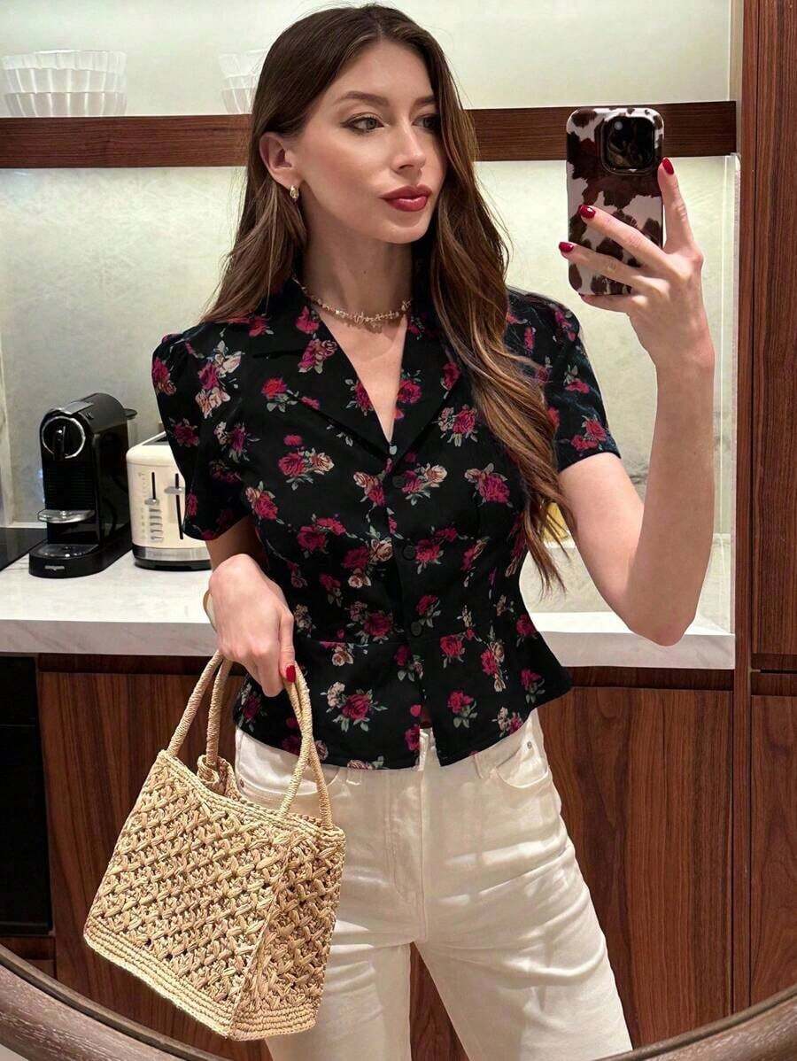 Camisa de moda de mujer con estampado floral, cuello solapa y manga corta de una sola hilera - Multicolor 2 - Ver 1