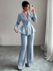 con cintura ceñida elegante, pantalones slim con vuelo de moda para ir al trabajo, atuendo para vacaciones/citas, Día de la Independencia, atuendo de maestra para mujeres - Celeste - Ver 4