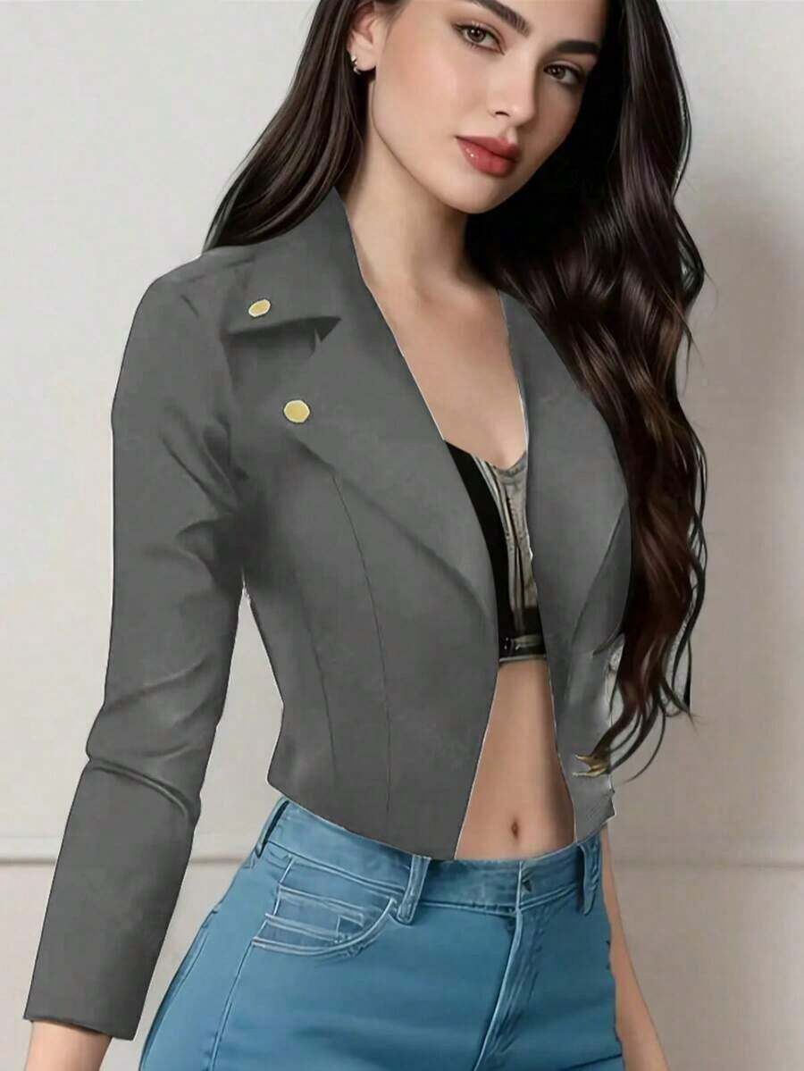 Chaqueta corta de mujer de unicolor con cuello de solapa y botones de manga larga - Gris Oscuro - Ver 1