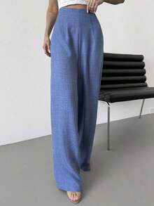 Pantalones anchos de cintura alta y pierna ancha para mujer, color azul, adecuados para la playa, el aeropuerto, de estilo modesto - Azul - Ver 3