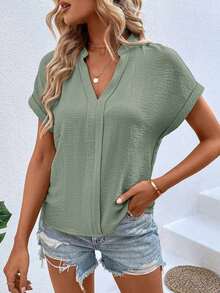 Blusa de mujer de unicolor y cuello en V minimalista de manga corta - Gris - Ver 4