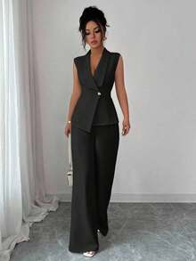 Conjunto de oficina elegante para mujer, compuesto por una chaqueta blazer sin mangas con cuello y bajo asimétrico, con hebilla metálica en la cintura, combinada con pantalones de cintura elástica.Conjunto de 2 piezas elegante para primavera/verano, atuendo formal y de clase para mujer. - Negro - Ver 1