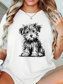 Camiseta Casual de Verano para Mujer con Diseño Artístico de Líneas y Lindo Patrón de Cachorro, Top Casual de Manga Corta para Mujer |   Cómodo y elegante, suave y transpirable, tejido duradero, adecuado para todas las estaciones, perfecto para vacaciones y fiestas, atuendo para celebraciones estacionales, estampados estacionales divertidos. - Negro - Ver 7