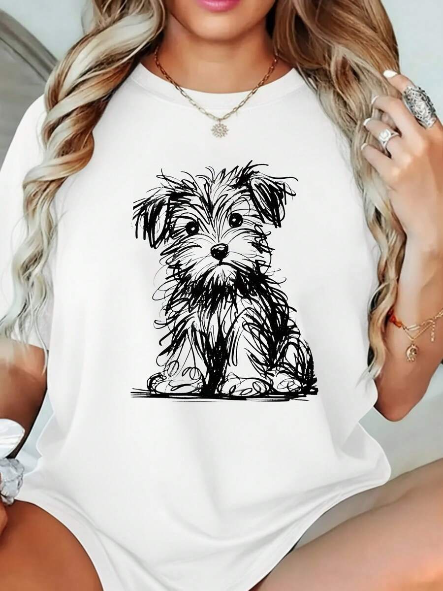 Camiseta Casual de Verano para Mujer con Diseño Artístico de Líneas y Lindo Patrón de Cachorro, Top Casual de Manga Corta para Mujer | Cómodo y elegante, suave y transpirable, tejido duradero, adecuado para todas las estaciones, perfecto para vacaciones y fiestas, atuendo para celebraciones estacionales, estampados estacionales divertidos. - Blanco - Ver 1