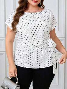 Camisa casual de manga corta con diseño plisado y teñido anudado para mujer de talla grande, adecuada para vacaciones, fiestas y salidas - Blanco - Ver 3