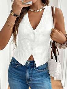 Frenchy Top de tanque casual de botones frontales de unicolor con textura para verano - Blanco - Ver 4