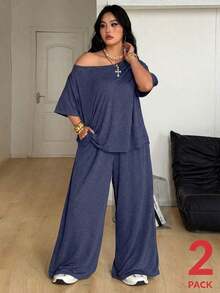 Conjunto de dos piezas de camiseta hombros descubiertos y pantalón ancho de chándal para mujer talla grande, minimalista, ropa de calle, uso diario, salir, deporte, cómodo - Azul - Ver 6