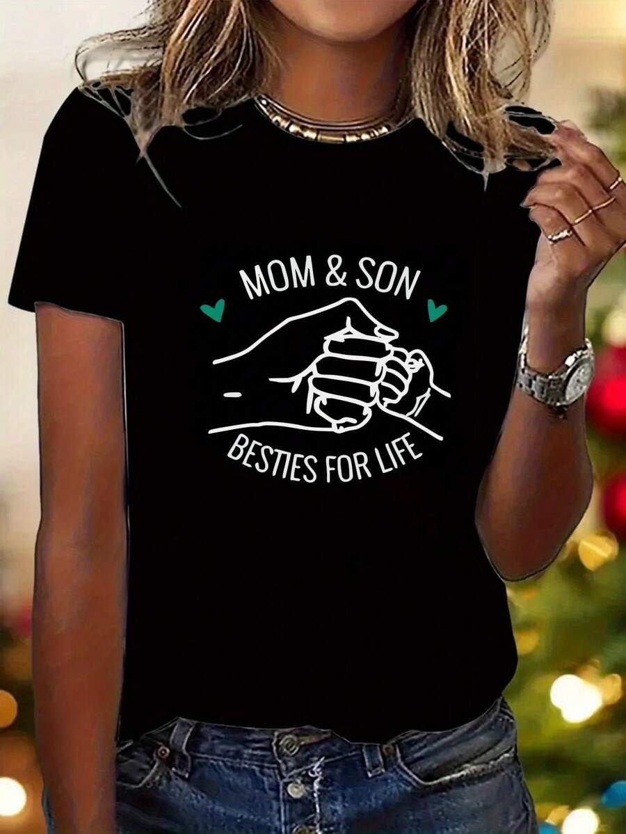 Women's Casual Cotton Crew Neck T-Shirts, 1 Piece, Fashionable Mother's Day Gift, Mother And Daughter T-Shirt, Mother's Day T-Shirt, Short Sleeve Mother's Day T-Shirt, Simple Daily Wear T-Shirt. - 黑色 - 查看 1