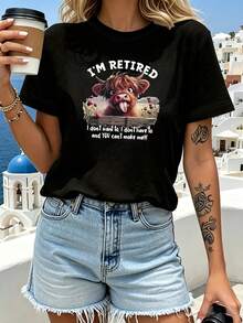 Women's Cotton T-Shirts, Round Neck, Casual, Letter Print, Short Sleeve, Casual Top, Suitable For Summer And Spring, Women's Clothing, Simple T-Shirt For Everyday Wear - 黑色 - 查看 7