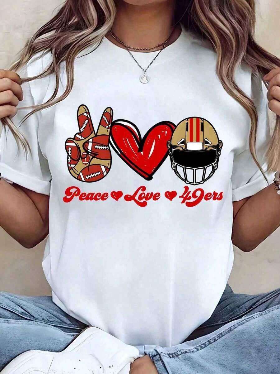 Women's T-Shirt With American Football Helmet Print, Heart And Peace And Love, Round Neck, Casual Style, Gift For American Football Fans, 220g, Loose Fit Blouse - 白色 - 查看 1