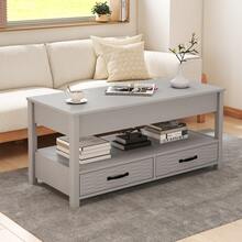 GOFLAME Farmhouse Lift Top Coffee Table Rectangular Center Table For Living Room Accent Table With Open Shelf & 2 Drawers - Light Grey - View 6