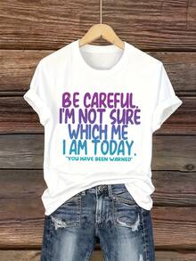 Women's Casual Sports T-Shirt In White With Bold Purple And Blue Text - Elastic Crew Neck T-Shirt, Machine Washable, Comfortable Fit, For All Seasons, Versatile Garment For Everyday Wear. - 白色 - 查看 7