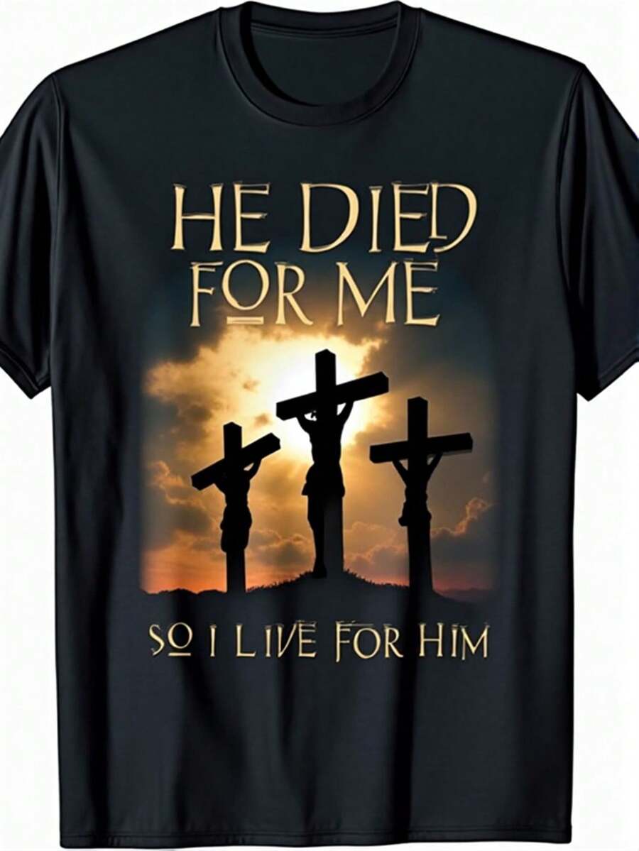 Camiseta Gráfica Cristiana 100% para Hombre Talla Grande - Él murió por mí, yo vivo para Él, diseño de cruz, camiseta de manga corta transpirable de corte regular, adecuada para uso casual, deportivo y al aire libre - lavable a máquina, cuello redondo, talla grande. - Negro - Ver 1