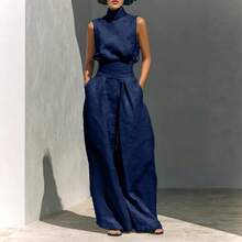 2026 New Foreign Trade European American Women Cotton Linen Sleeveless Top & Long Pants Casual Two Piece Set - 玫紅色 - 查看 4