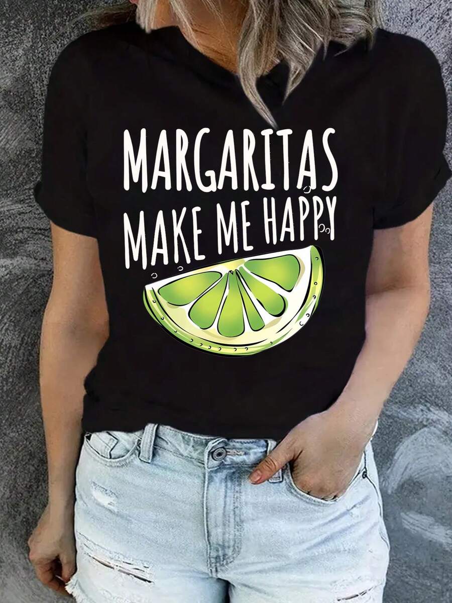 Camiseta de manga corta informal para mujer, ideal para vacaciones de verano, estilo europeo y americano, con estampado de margaritas, moderna, versátil, deportiva, de cuello redondo. - Negro - Ver 1
