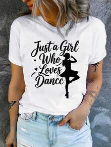 Camiseta de manga corta para mujer, estilo casual de verano, Y2K, años 90, suave y cómoda, con el estampado "solo una chica que ama bailar", un atuendo atractivo para entusiastas del baile, - Blanco - Ver 12