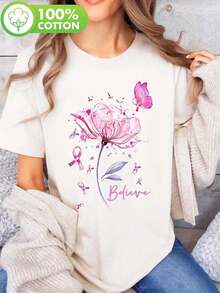 2026Y-Cree en las grandes flores, mariposas, cintas rosas, cree en la flor, la mariposa, la cinta rosa, el polen, el cáncer de mama, camiseta estampada, top casual de manga corta y cuello redondo, verano y primavera, camiseta de mujerSuitable for spring, summer and autumn - Blanco - Ver 7
