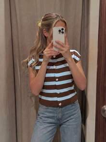 Women's New French Minimalist Knit Short Sleeve Top, Spring/Summer - Light Brown and Blue - View 5