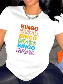 Black And White Polyester Short-Sleeved T-Shirt With A Colorful Bingo Print, Ideal For Parties Or Lounging At Home. Durable And Lightweight Fabric, Comfortable Fit For Casual Outfits, Stylish Design For Informal Ensembles. Women's Blouses > Clothing - 白色 - 查看 1