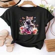 Women's Sexy Casual Elegant Round Neck Short Sleeve Cotton T-Shirt With Cat And Butterfly Print - 黑色 - 查看 1
