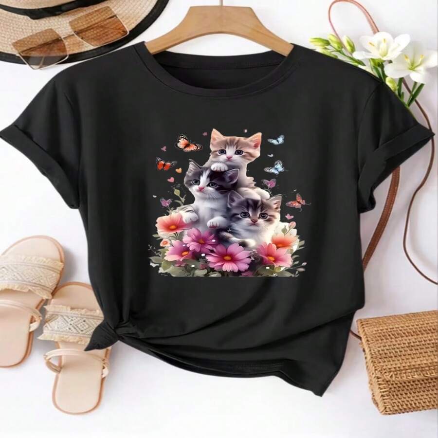Women's Sexy Casual Elegant Round Neck Short Sleeve Cotton T-Shirt With Cat And Butterfly Print - 黑色 - 查看 1