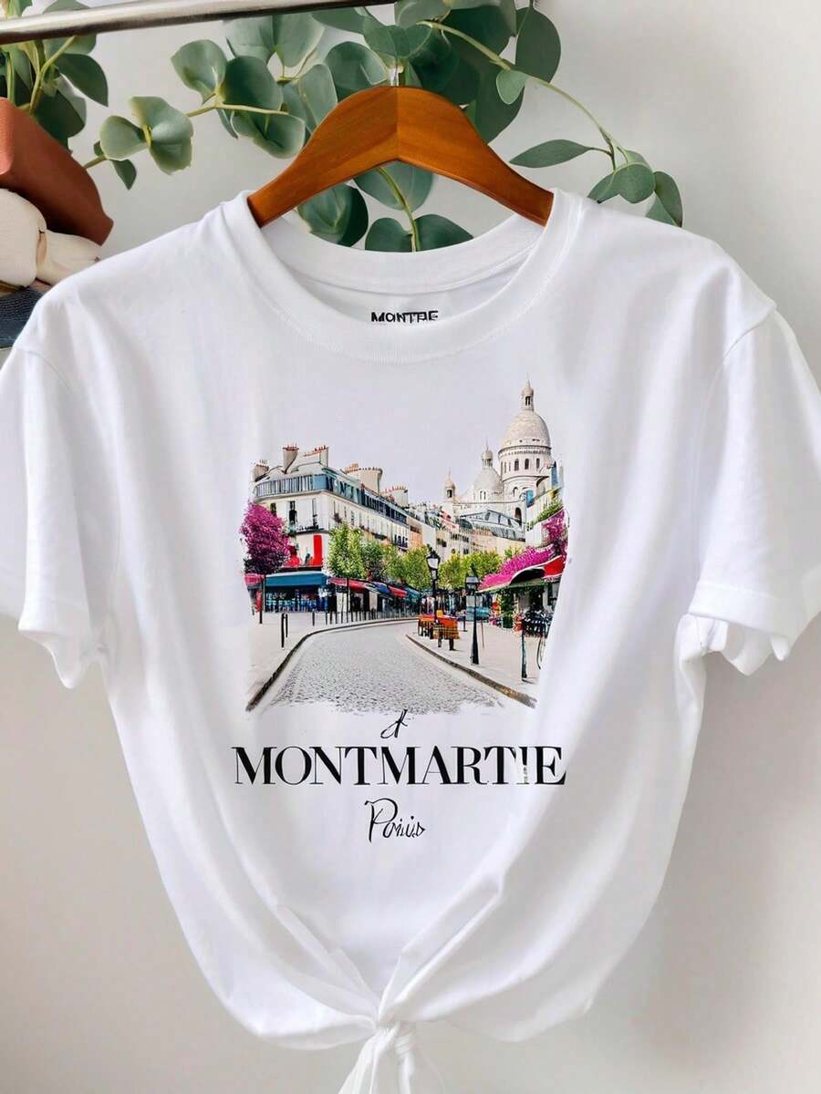 1 Women's T-Shirt With Paris Montmartre Print - Red Mill Print T-Shirt, Soft And Breathable, Casual Top For Everyday Wear, Suitable For Travel And French Culture Enthusiasts - Non-See-Through Women's T-Shirt For Everyday Wear, 180g, 100% Cotton. - 白色 - 查看 1