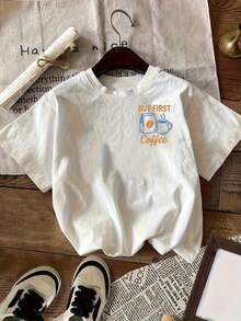 1 Coffee Lover T-Shirt - Features The Slogan "BUT FIRST COFFEE" On The Front And A Coffee Cup And Coffee Bean Print Design, Loose And Breathable Style Suitable For Coffee Lovers, Casual Everyday Wear,  Coffee-Themed Clothing, 180g 100% Cotton. - 白色 - 查看 6