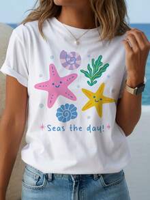 Women's Casual Short Sleeve T-Shirt - Colorful Print With Geometric Starfish And Marine-Themed Flowers, Breathable Crew Neck Top, Machine Washable, Medium Stretch, Suitable For Spring And Summer Beach Vacations And Everyday Comfort. Women's Short Sleeve Letter Print T-Shirt, Letter Print Tee, Regular Crew Neck, Breathable Fabric. - 白色 - 查看 5