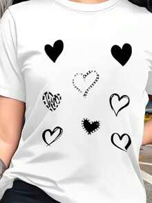 Women's Heart Print T-Shirt - Casual Summer Top With Short Sleeves And Round Neck, With Hearts And Heart Cutouts, Casual Wear For All Seasons, Perfect Gift For Her, Women's T-Shirts, Everyday Wear, Fashion, Comfortable Fit, For Fashion Lovers - 白色 - 查看 8