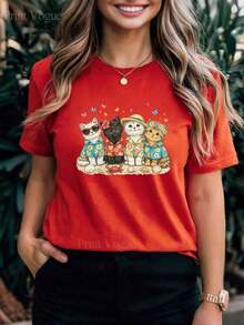 New Women's Summer Casual Shirt With Prints And Patterns, Ideal For Vacation. This Unisex Crew Neck T-Shirt Is Breathable And Comfortable, Making It A Loose-Fitting, Short-Sleeved, Urban Vintage-Style Cotton Tee. - 紅色 - 查看 6