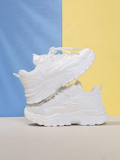Unisex Kids' Simple Textured Breathable Non-Slip Round Toe Low-Top Elastic Lace Thick Sole Casual Sneakers, Suitable For School And Daily Wear