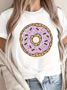 Comfortable Print. Women's G500L Pure Cotton T-Shirt With Leopard Donut Print, Comfortable Fit. Simple And Casual Summer Top. - 白色 - 查看 9