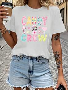 Retro Candy Style T-Shirt - Vintage French 80s Design, Casual Short Sleeve Round Neck Top, With Candy Theme Prints, Machine Washable Summer T-Shirt, Suitable For Outings With Friends. - 白色 - 查看 1