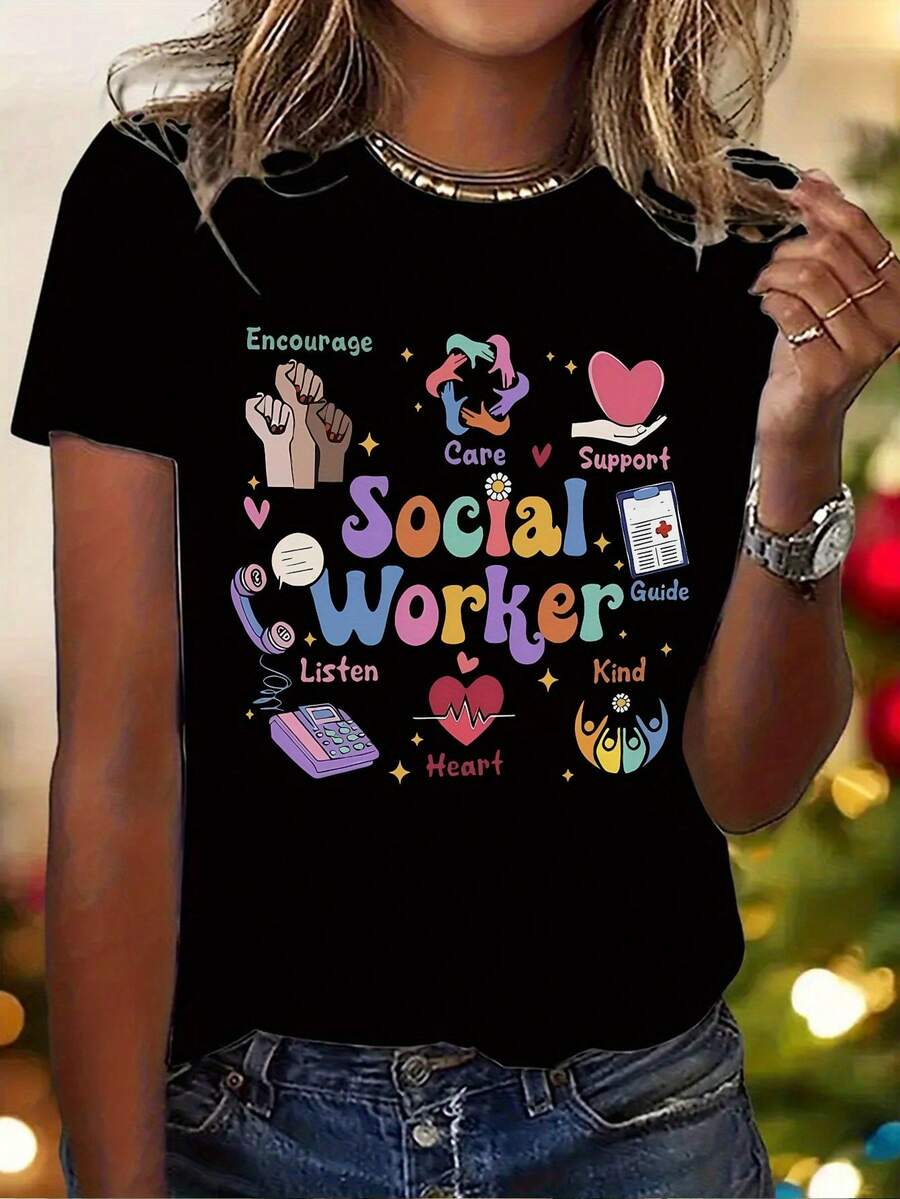 Y2K Women's Stylish Cartoon Print T-Shirt, Short Sleeve, Round Neck, Casual Wear For All Seasons | Fashionable Casual Clothing | Loose, Casual, And Versatile T-Shirt With  Letter Print - 黑色 - 查看 1